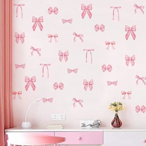 Pink Bow Wall Stickers 56PCS Light Pink Bow Knot Wall Decals Watercolor Room Mural Stickers Wall Art Decor for Girls Room Party Home Bedroom Nursery Valentine's Day Birthday Decor