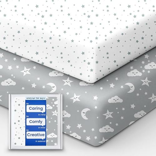 Crib Fitted Sheet Star, Super Stretchy Jersey Crib Sheets, Buttery Soft Boy Crib Mattress Sheets, Ultra Breathable Baby Bed Sheets 28x52x9 Extra Deep Pocket, 2 Pack