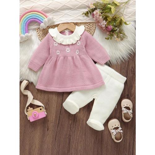 2pcs Baby Girl Outfit: Ruffled Collar Embroidered Sweater Dress + Casual Leggings, Cute & Minimalist Style Baby Set Autumn Winter Season Baby Girl Long Sleeve Outfit Baby Girl Knitted Outfit Baby Girl Knitted Outfits Baby Girl Winter Clothes Set Baby Girl