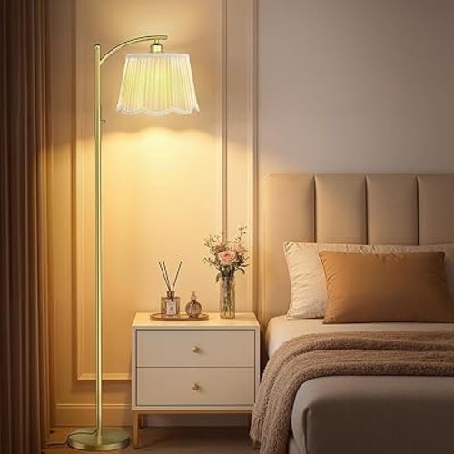 Karjoefar Arc Floor Lamps for Living Room, Modern Dimmable Floor Lamp with Double-Layer Gauze Lampshade, Tall Standing Lamp with 7W LED Bulb & Dimmable Knob, Gold Floor Lamp for Bedroom Study Room