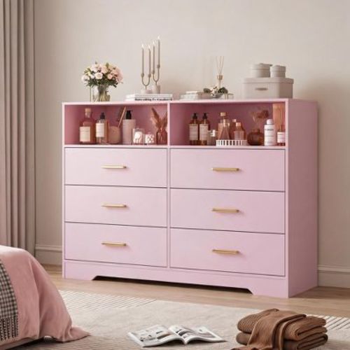 Modern 6 Drawer Storage Chest with Built In Charging Station and Open Display Shelf for Bedroom Dorm Living Room
