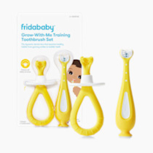 Frida Baby Grow-with-Me Baby Toothbrush Training Set | Infant to Toddler Toothbrush 0-12 months, Cleans All Sides at Once, Oral Care for Sensitive Gums | Yellow