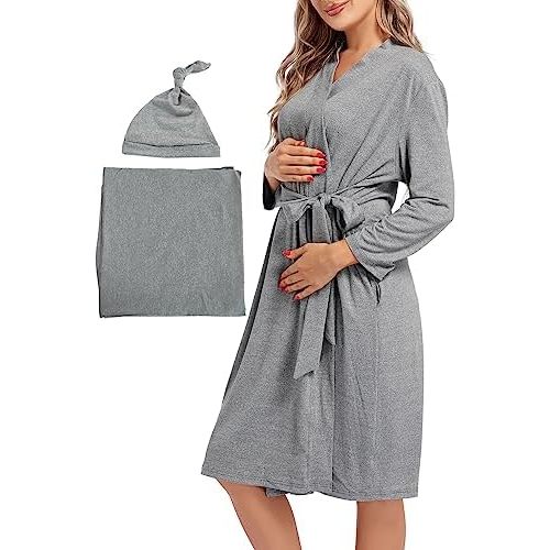 SUFEINI Maternity Mommy Robes with Matching Swaddle Blanket Set, Maternity Mommy Postpartum Bathrobe Sleepwear