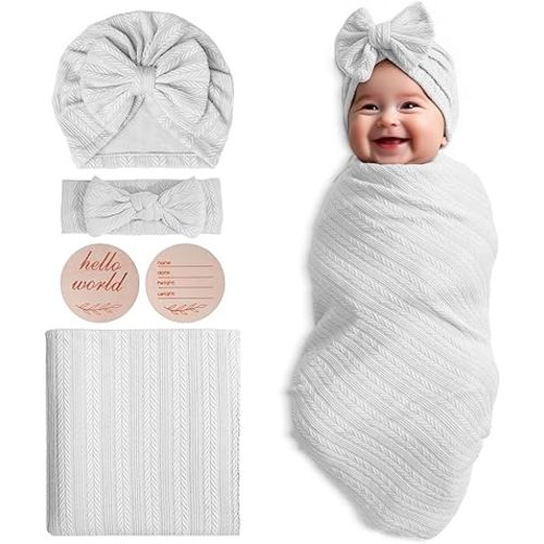 Muslin Blanket,Baby Swaddle Set Newborn - Receiving Headband Blankets and Bow Hat,Newborn Essentials, Soft Nursery Swaddling Blankets，Stretchy Baby Blankets for Girls and Boys Unisex(White)