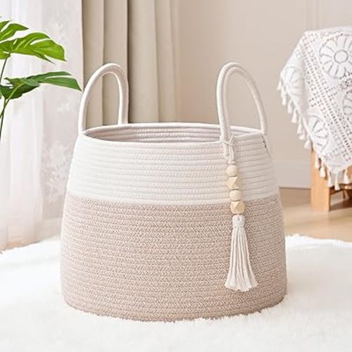 Large Nursery Hamper, 30L Blanket Basket with Handle, Baby Laundry Basket for Gift, Toy, Clothes, Woven Storage Basket with Wooden Bead Decor, Baby Hamper for Nursery(Brown)