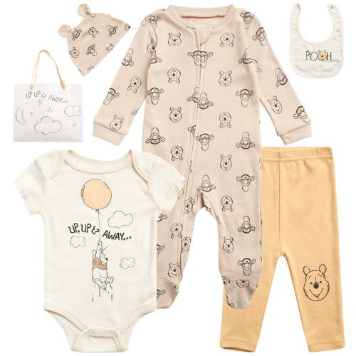 Disney Newborn Baby Layette Set - 6 Piece Disney Bodysuit Coveralls Sweatpants, Hat, Gift Bag (0-6M)