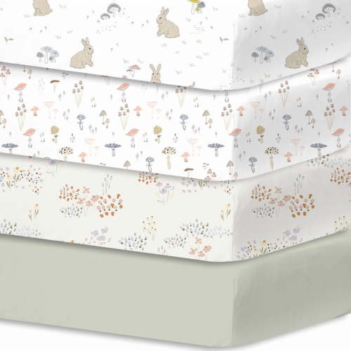 Plushii Baby Crib Sheets Fitted 4 Pack for Boys & Girls, 52'’ x 28'' Soft Microfiber Toddler Bed Sheets for Standard Crib & Toddler Mattresses (Mushroom)