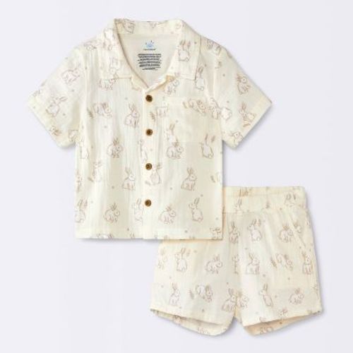 Baby Boys' 2pc Bunny Graphic Gauze Cabana Button-Down and Shorts Set - Cloud Island™ Ivory 0-3M