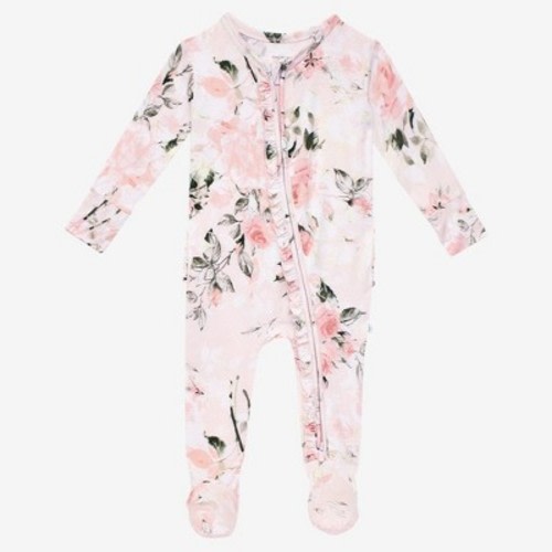 Infant Vintage Pink Rose Footie Ruffled Zippered One Piece - Posh Peanut