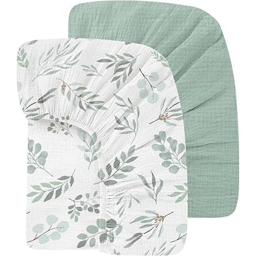 Organic Crib Sheets Fitted Crib Mattress Sheet 2 Pack 52x28 Inches 100% Muslin Cotton for Baby Girls & Boys, Soft Boho Neutral Toddler Bed Sheets Fits Well Standard Size Crib Mattress 28x52 Inches