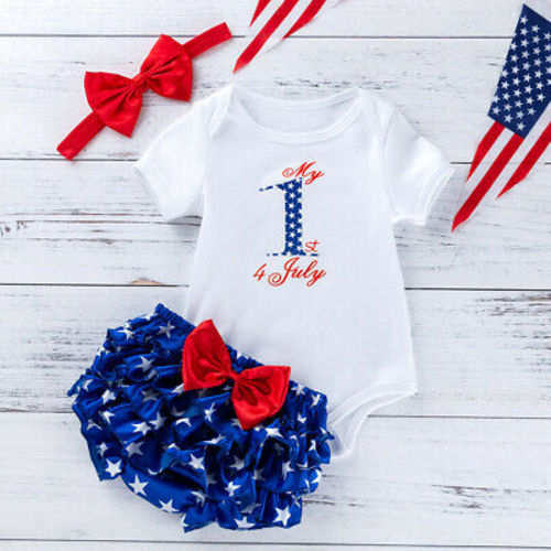 3PCS Toddler Baby Girls 4th Of July Letter Print Romper+ Ruffle Pant Outfits Set