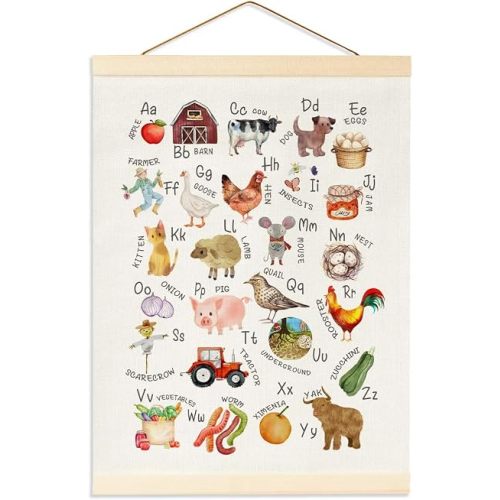 BirtDerr Farm Alphabet Poster Hanger Frame, Banner Poster Wall Art with Wooden Frames, Alphabet Banner Wall Hanging Decor for Toddler Playroom Nursery for Classroom