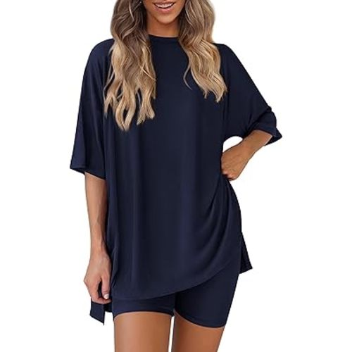 PRETTYGARDEN Women's Two Piece Lounge Set 2025 Summer Casual Oversized Shirts Biker Shorts Matching Airport Travel Outfit