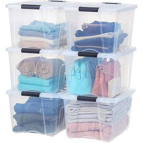 IRIS USA 40 QT Plastic Storage Box with Lid and Latches - 6 Pack - BPA-Free, See-Through Organizing Solution, Durable Nestable Stackable Containers, Secure Pull Handle - Clear
