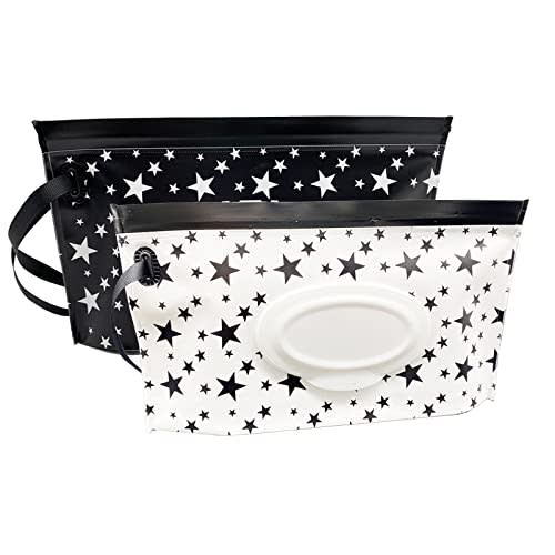 VOONGOR Portable Refillable Wet Wipe Pouch, Reusable Travel Wipes Holder & Case, Lightweight Flushable Diaper Wipes Container for Baby (Black & White Star)