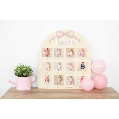 First Birthday Photo Board Bow One Year of Photo Display Wood My First Year Milestone Picture 1st Birthday Arch  12 Months