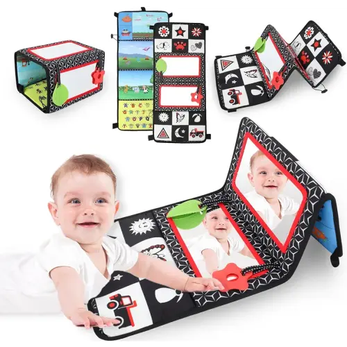 Juguetes de espejo para el tiempo boca abajo, juguetes de espejo para bebé con libros de tela y mordedores y espejo de bebé de doble cara para piso, cuna, automóvil, gorila, juguetes