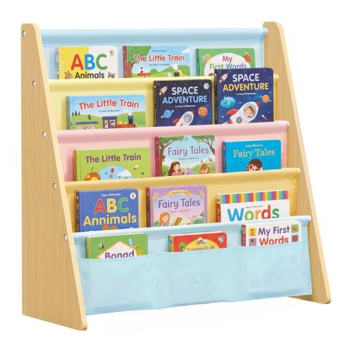 SONGMICS Kids Bookshelf, 4-Tier Sling Bookcase, 24.6 x 9.8 x 23.6 Inch Fabric Organizer for Toddlers, Child-Friendly Storage Rack,Beech and Multicolor