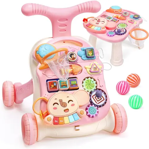 CUTE STONE 2-in-1 Baby Walker for Girls, Sit-to-Stand Learning Walker, Early Educational Push Walking Toys with Detachable Activity Center for Infants & Toddlers 12+ Months
