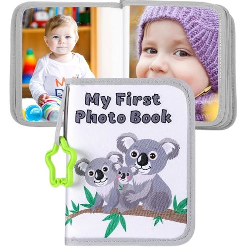Baby Photo Album Holds 17 4x6 Pictures My First Soft Cloth Family Photo Book with Name Tag Stickers Fabric Kid Memory Keepsake Gift for Newborn Toddler Boy Girl Baby Shower(Gray Koala)