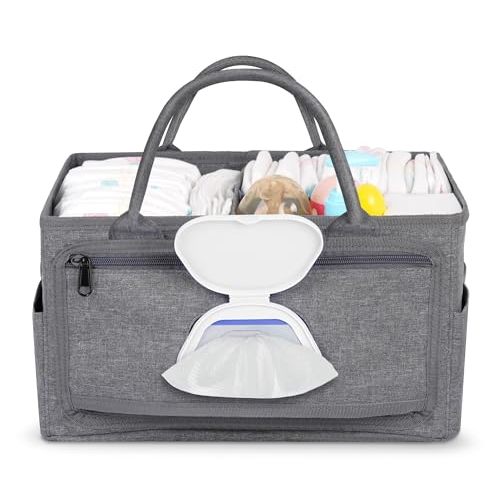 Diaper Caddy with Wipe Dispenser One-Handed Access, Premium Diaper Organizer, Portable Car Organizer Nursery Basket for Newborn Essentials, Baby Registry Must Haves for Boys & Girls,Grey