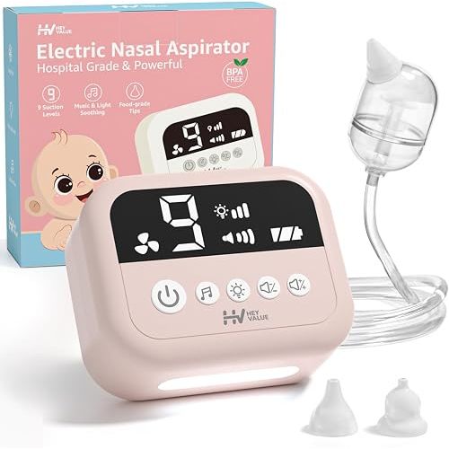 HEYVALUE Nasal Aspirator for Baby, Hospital Grade Nose Sucker with 9 Levels Suction, Night Light and Nursery Rhyme Soothing, Electric Nose Suction for Baby with Food-Grade Silicone Tips Pink