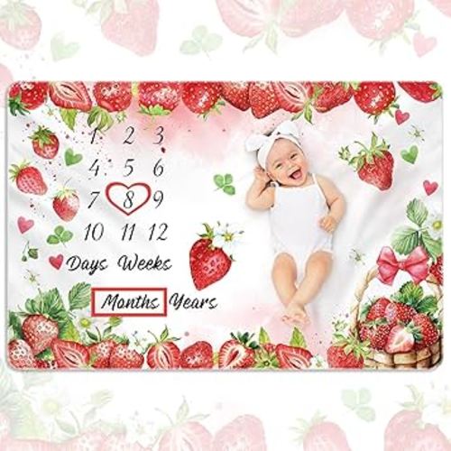 Nuanchu Baby Monthly Milestone Blanket Baby Girl Boy 60 x 40 Soft Fleece First 12 Months Growth Chart Newborn Photography Background Baby's First Year Milestone Blanket Nursery Decor (Strawberry)