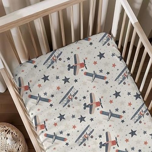 Vintage Plane Star Pattern Baby Sheets for Crib, Unisex Plane Nursery Fitted Bed Sheet for Boys Girls Standard Crib and Toddler Mattress-28x52