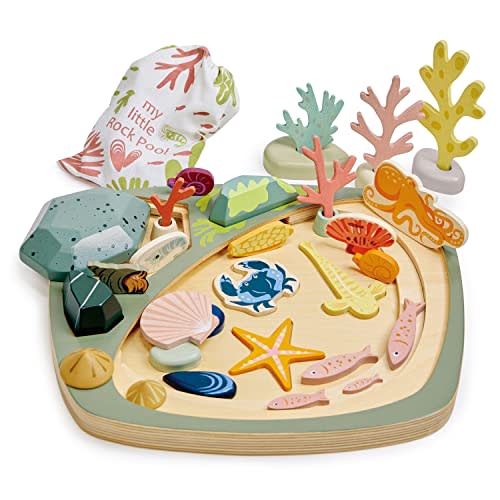 Tender Leaf Toys - My Little Rock Pool - 35 Piece Wooden Sea Life Set with Illustrated Drawstring Bag - Educational Play toy, Improve Fine Motor Skills, Shape Sorting Play for Boys and Girls - Age 3 +