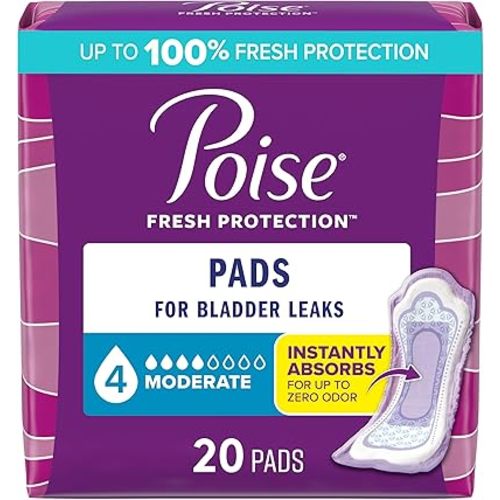 Poise Incontinence & Postpartum Pads for Bladder Leaks, 4 Drop Moderate Absorbency, Regular Length, 20 Count, Packaging May Vary