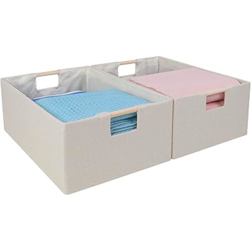 ANMINY 2PCS Closet Storage Baskets for Shelves, 13.4 x 9 Inch Collapsible Fabric Storage Bins with Wood Handles Cloth Shelves Organizer Bins Decorative Fabric Baskets - Small, Beige