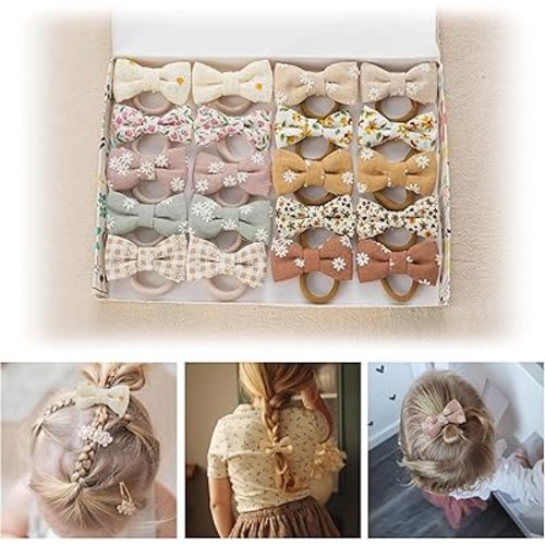 Baby Toddler Girls Hair Ties with Linen Bows Embroidered Flower,20 pcs No Damage Elastic Nylon Hair Bands Ponytail Holders,Small Hair Accessories Gifts for Girls Kids Children Thick Thin Hair