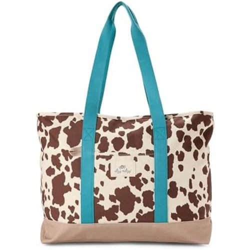Itzy Ritzy Canvas Mom Tote Bag with Zipper Closure & 4 Pockets (Cow Print)