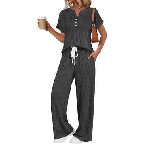 LILLUSORY Women's 2 Piece Matching Lounge Sets Summer Henley Neck Wide Leg Pants Casual Sweat Suit