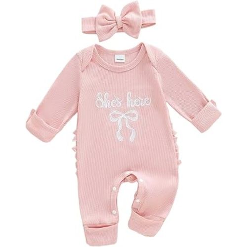 FIOMVA Im New Here Newborn Outfit Girl Long Sleeve Letter Romper Ribbed Knit Jumpsuit Baby Girl Preemie Coming Home Outfit