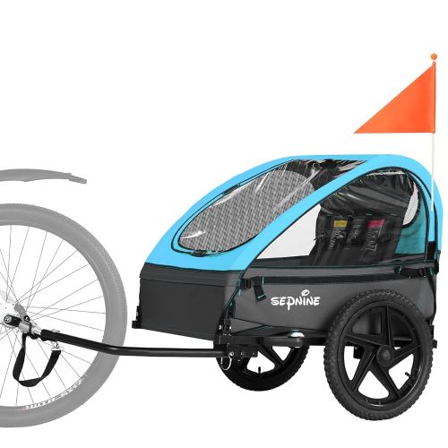Sepnine Kids Bike Trailer, Suitable for 1 to 2 Kids, 12+ Months, Quick Attach to Bike, Foldable, with 5-Point Harness and Storage Bags