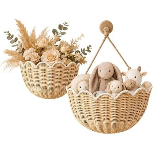 Scalloped Wall Basket 2 Pcs Hand Woven Wicker Hanging Basket Rattan Wall Decor for Nursery, Bathroom, Living Room