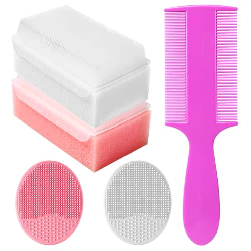 Cradle Cap Brush for Babies, Set of 5 Baby Bath Essentials with Bath Sponge Silicone Scrubber Long Handle Comb for Newborns Toddlers Boys Girls (Pink)