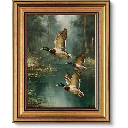 Gold Framed Wall Art, Vintage Mallard Duck Canvas Prints, Flying Ducks Rustic Cabin Lake Picture Wall Decor, Farmhouse Wildlife Nature Artwork for Living Room Hunting Lodge, Man Cave 9x11 inch