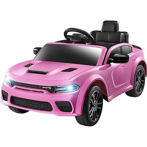 ENYOPRO 12V Dodge Charger SRT Kids Ride On Car w/Parent Remote Control, Electric Power Car Ride On Toy w/4-Wheel Suspension, 3 Speeds, LED Lights, Music Player, Battery Car Gift for Kids Girls, Pink