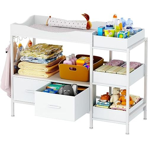 Baby Changing Table with Storage,Heavy-Duty Diaper Changing Station, White Nursery Dresser Organizer with 2 Large Fabric Baby Drawers, 3 Diaper Caddy Bin & Wood Shelf, Kids & Baby Bedroom Furniture