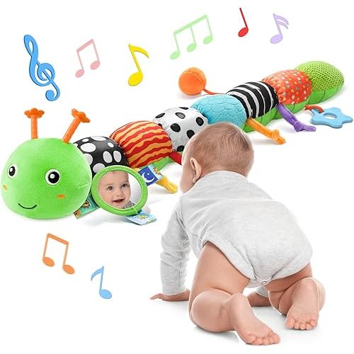 Baby Toys 6-12 Months Music Caterpillar Infant Toys Stuffed Animals 0-3-6 Months Tummy Time Teething Sensory Toys with Mirror Rattle&Pull String for Boys Girls Birthday Gifts|Green,Knot Limb