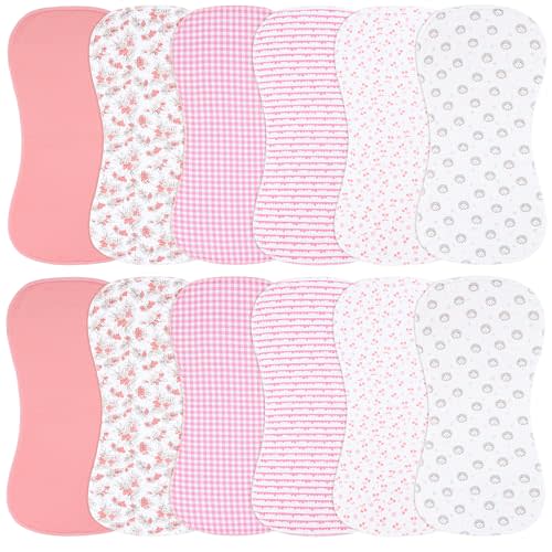 Benoxine Baby Burp Cloths Large Size 3-Layers Thicken 100% Cotton Super Absorbent and Soft Baby Spit Up Burping Rags Baby Burp Cloth Set for Girls 12 Pack