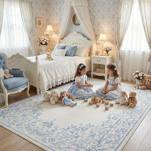 Garvee Rugs for Girls Bedroom Washable 5x7 Area Rug for Nursery Room, Non Slip Soft Low-Pile French Retro Floral Accent Throw Carpet for College Dorm Decor Kids Room Playroom, Blue