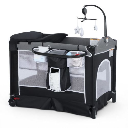 TODECARE 4 in 1 Pack and Play, Multifunction Baby Bassinet Bedside Crib, Portable Baby Nursery Playard w/Changing Table, Storage Basket, Dark Gray