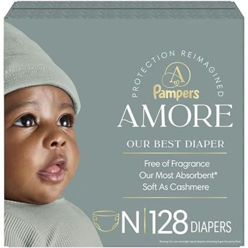 Pampers Amore, Size 0 (up to 10 lbs), 128 Count, Our Best Diaper – Hypoallergenic & Fragrance Free, Up to 100% Leakproof, Soft as Cashmere