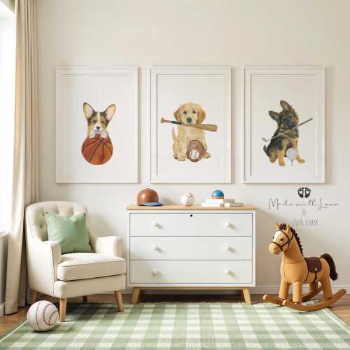 Puppy Sports Nursery Prints, Puppies Nursery, Sports Nursery Prints, Nursery Dog Sports, Animals Sports Prints Puppy Art Boy Room Sports Art