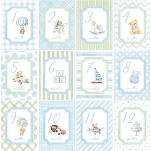 R HORSE Monthly Milestone Cards for Baby Boys - 12Pcs 5" x 7" Grandmillennial Watercolor Blue & Green First Holiday Cards for Boys, 1-12 Months Monthly Cards for Newborn Baby Shower Photo Props