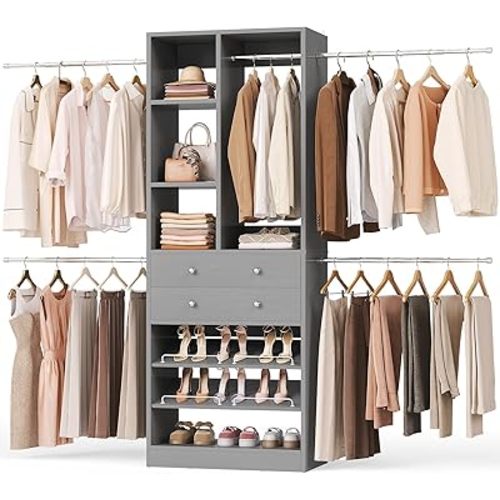 Closet System, 4.2–8.8 FT Closet Organizer with 2 Wooden Drawers and Shelves, Walk-in Closet System with 5 Hang Rods, Built-in Reach in Closet Tower, Can Fit 60 to 96 inch, Morandi Grey