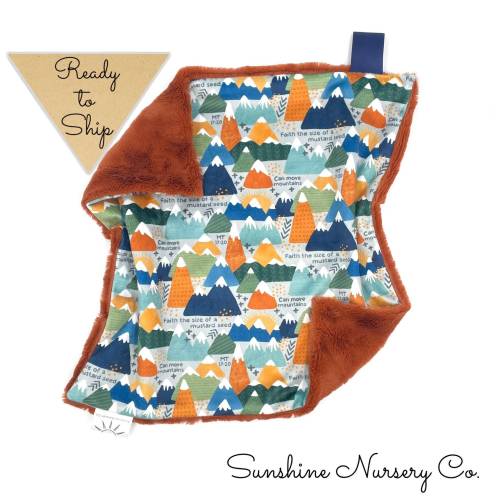 17"x17" Lovey Blanket- FAITH the SIZE of a Mustard SEED- baby lovey- security blanket- baby gift- boy- baby blanket- rust- mountains- boy